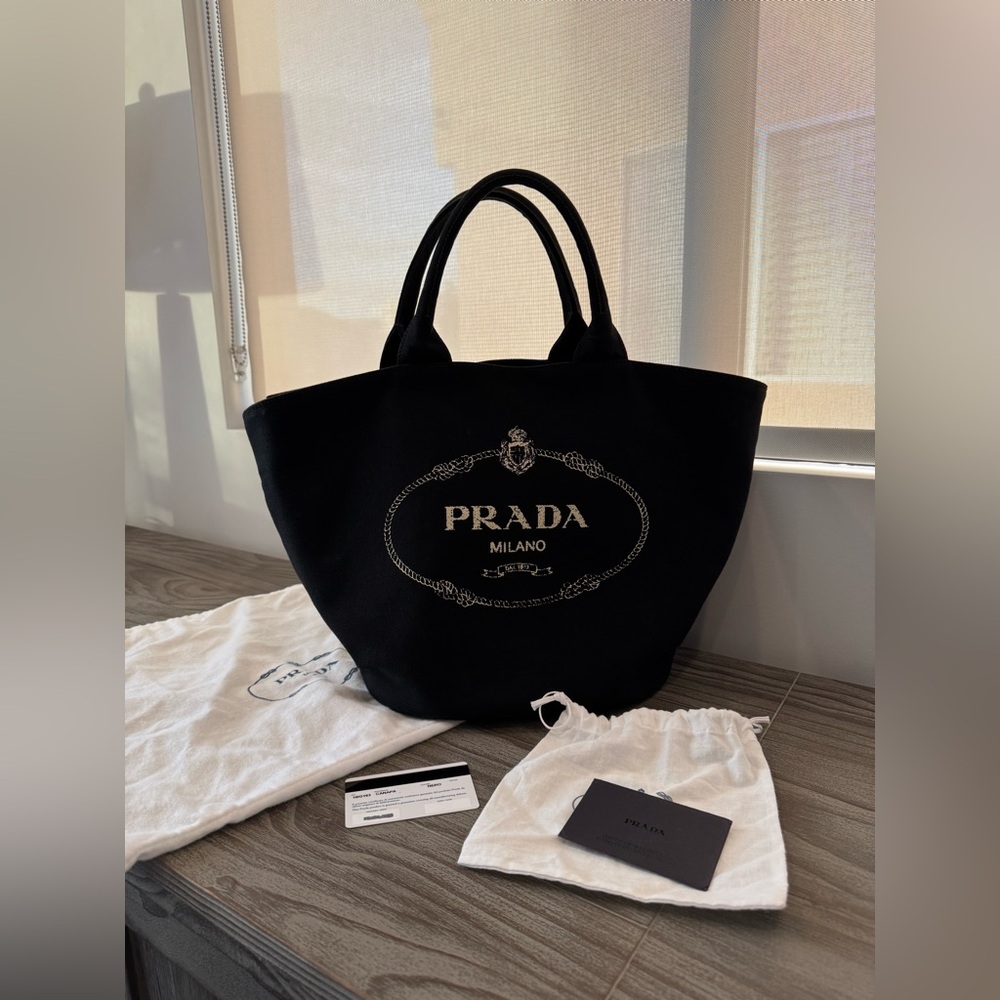 PRADA Canapa Tote bag Beach Bag - Black Canvas with strap and pouch LARGE.